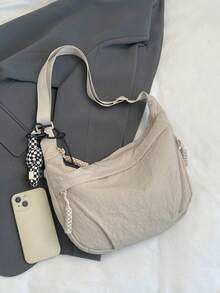Fashionable Nylon Waterproof Shoulder Bag, Minimalist Casual College Style, Wide Strap, Multi-Zipper Design, Suitable For Students, Shopping, Daily Use - Beige - View 11