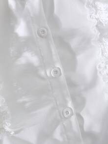 女童优雅简约时尚翻领插肩袖宽松白色刺绣荷叶边设计百搭衬衫，适合秋季穿着 - 白色 - 查看 4