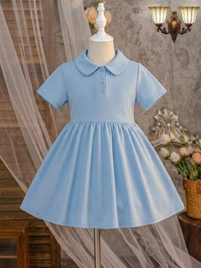 1pc Girls Polo Collar Short Sleeve Dress, Fresh & Cute Children Clothing, Spring/Summer