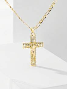 1pc Classic European Style Copper Inlaid Zirconia Jesus Cross Pendant Necklace, Limited Edition "Light Of Protection", Suitable As Gift For Christmas, Thanksgiving, Halloween, Mother's Day, Valentine's Day, Friends, Church Members, First Holy Communion, Daily Wear And Prayer - Yellow Gold - View 2