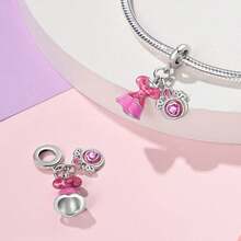 1件镀银粉色系列时尚包包公主裙皇冠高跟鞋发光皇冠妆容精致三件套吊坠马尾辫女孩双辫女孩串珠适合原创蛇形手链项链手链串珠DIY珠宝制作奢华女友礼物 - 粉色 - 查看 3