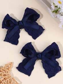 2pcs Navy Blue Lace & Satin Hair Bows For Girls ,Sweet Floral Print Hair Clips , Elegant Hair Styling Accessories ,Alligator Clips ,Hair Accessories For Wedding, Party, Daily Wear & Spring Summer - Multicolor - View 3