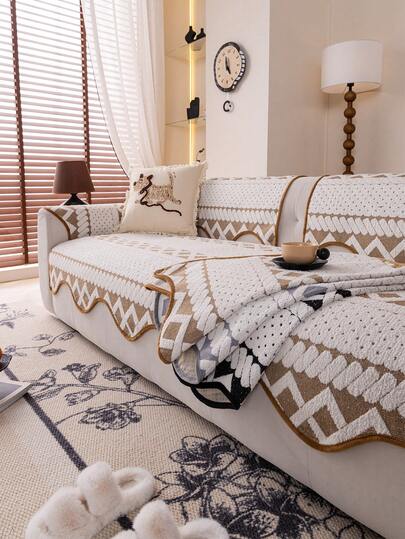 1pc Bohemian Style, Thick Warm Plush Sofa Cover, Geometric Pattern Anti-Scratch Sofa Pad, Dirt-Resistant And Anti-Slip, Machine Washable And Hand Washable, Suitable For Single, Double, Three, Four-Seater Sofa, Living Room Decor, Home Decor