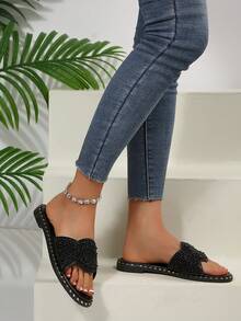 2025 Neue französische Kristall-verzierte quadratische Zehenflattsandalen für Frauen, elegante Slip-On, geeignet für Kleider, Frühling/Sommer/Herbst - Schwarz - Übersicht 2