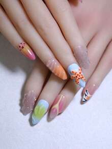 10片装杏仁形3D手工雕刻海星贝壳图案美甲贴片，可爱趣味，适合节日、四季美甲，美甲用品。 - 彩色 - 查看 3