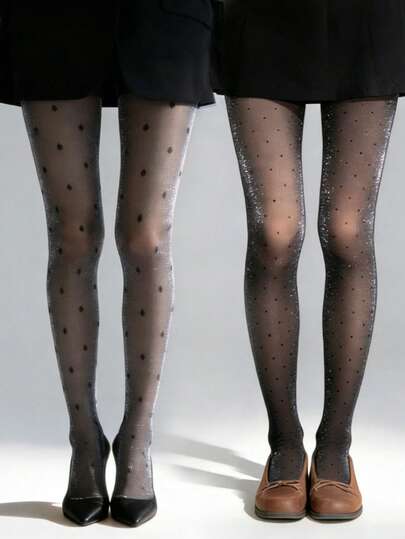 1 Pair Women's Thin Silver Polka Dot Shiny Pantyhose, Lace Trim Tassel Sexy Solid Pearl Star JK Stockings, Sexy Tight Socks