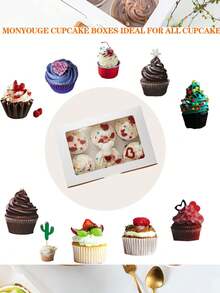 5个/1个装纸杯蛋糕盒，9.4x6.1x3.14英寸，6个装纸杯蛋糕盒，白色纸杯蛋糕容器，带透明窗口和六个甜点托架，糕点饼干盒，烘焙盒 - 白色 - 查看 6