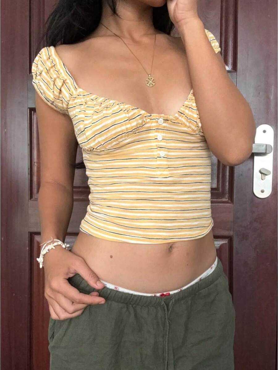 Women's Vintage Crop Top Cap Short Sleeve Striped/Polka Dots Print Button V-Neck Ruched Tee Shirt Solid Slim Fit Retro Shirt - 黃色 - 查看 1