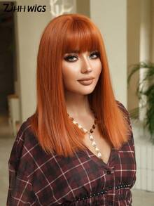 7JHH WIGS 高品质16英寸齐肩直发假发，优雅橙色刘海款，柔软丝滑耐热合成纤维材质，适合日常佩戴、角色扮演、音乐节等场合，也是毕业礼物和母亲节礼物的理想之选。 - 橘色 - 查看 5