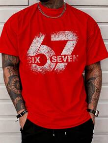 Classic Short Sleeve Street Style Vintage Print T-Shirt Six Seven Numbers 67 Print Men's Fashion  Casual Wear Adult Men's Urban Outfit - 紅色 - 查看 1