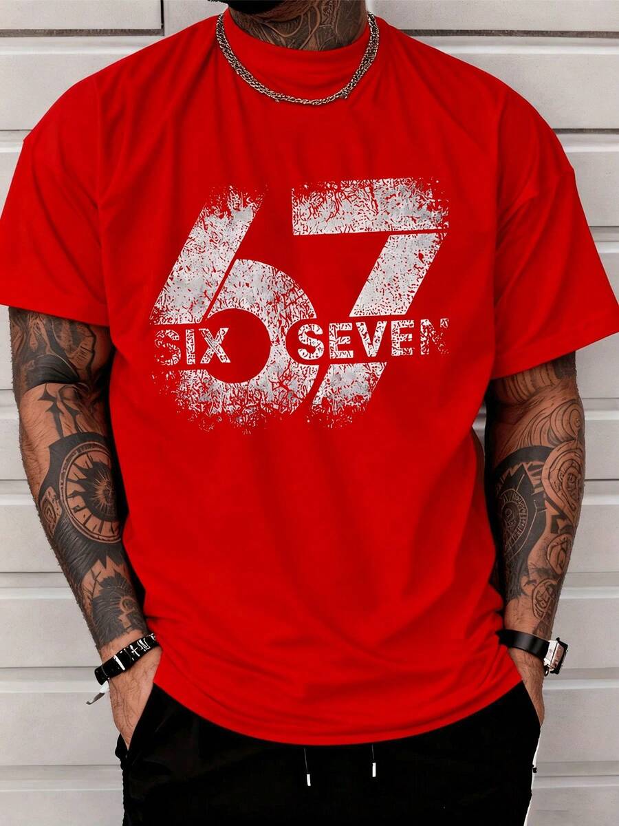 Classic Short Sleeve Street Style Vintage Print T-Shirt Six Seven Numbers 67 Print Men's Fashion Casual Wear Adult Men's Urban Outfit - 紅色 - 查看 1