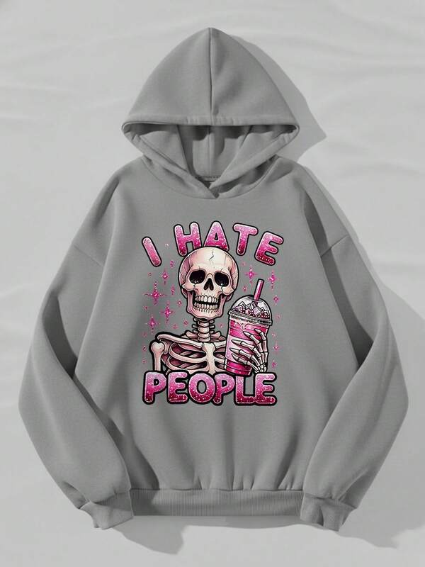 Holiday Outfits, I Hate People Skeleton Graphic Hoodie, Y2K, Gothic, Casual Style, Relaxed Look
