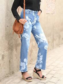 Jeans estampados florales mujer, cintura media un botón, sin elasticidad, holgados para diario y salida - Lavado ligero - Ver 3