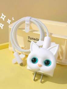 粉色TPU白色猫咪元素6件套EVA线缆整理器+1.5米猫形绕线器及保护套，TPU充电头保护套，兼容 12/13/14 20W快充线，女士节生日礼物 - 白貓 - 查看 4