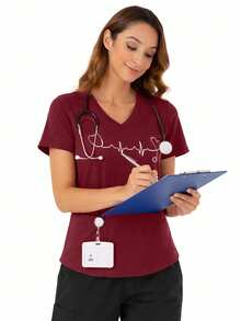 cimmuovere 爱心印花V领短袖T恤，春夏款 - 酒紅色 - 查看 11