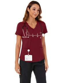 cimmuovere 爱心印花V领短袖T恤，春夏款 - 酒紅色 - 查看 2