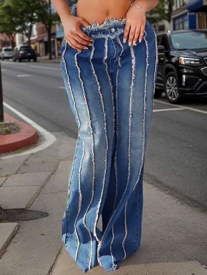 Women's Luxury Personalized Frayed Hem Straight Leg Wide Leg Jeans, Fashionable Casual Wear For Outings, Summer & Holidays