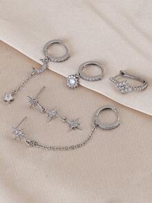 5pcs Shiny Cubic Zirconia Star & Moon Chain Earrings, Suitable For Women's Daily Wear, Dates, Parties, Gatherings, Holiday Gifts - Silver - View 4