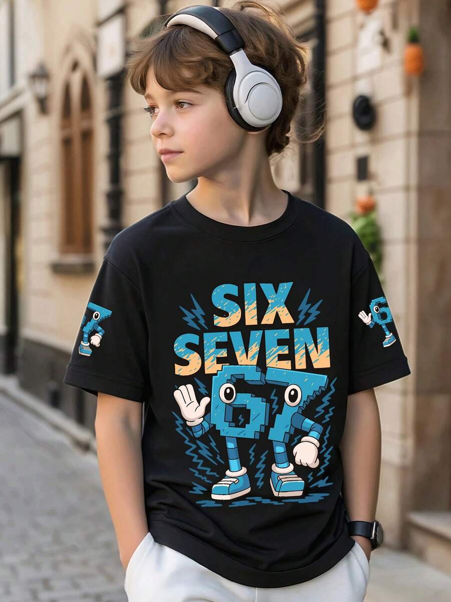 Boys' Funny Number "67" Graphic Print Round Neck Short Sleeve T-Shirt, New Spring/Summer Children Clothing - Black - View 1