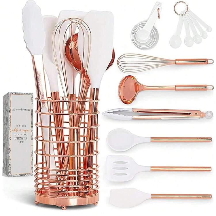 White Silicone And Copper Kitchen Utensils Set With Holder - 17-Piece Rose Gold CooFKing Tools For Nonstick Cookware, With Measuring Cups, Spoons, & Utensil Holder - Stylish Copper Kitchen Accessories - 白銅 - 查看 1