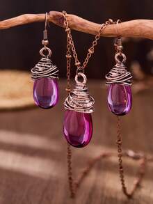 MONLOTTI 1Set Retro Western Necklace Earrings Set, Water Droplet Translucent Design, Resin (Imitation) Gemstone Jewelry, Women's Wear, Gift - Multicolor - View 5