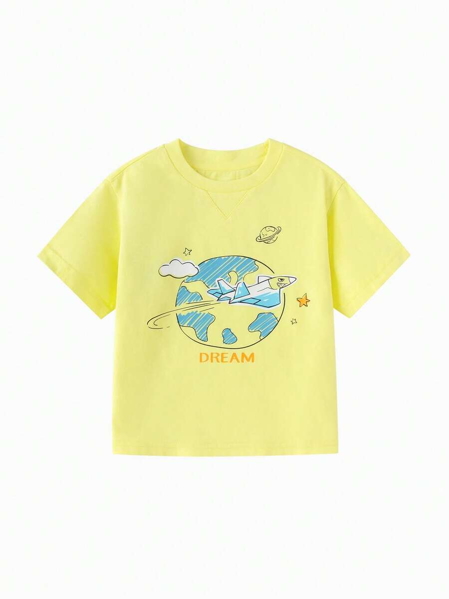 Balabala 男童休闲T恤，柔软纯棉短袖上衣，太空与冒险图案 - 檸檬黃 - 查看 1