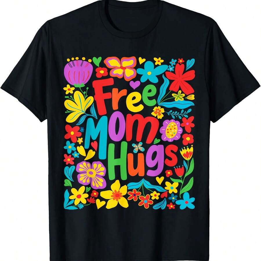 Camiseta del Día de la Madre con flores bohemias y arcoíris del Orgullo Gay LGBT con abrazos de mamá gratis - Negro 1 - Ver 1