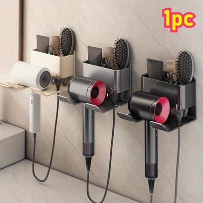 1 pieza Secador de pelo montado en la pared y soporte para teléfono - Instalación con ventosa, estante de almacenamiento para el baño que ahorra espacio con adhesivo fuerte, compatible con secador de pelo y teléfono, sin necesidad de perforar, ideal para el hogar