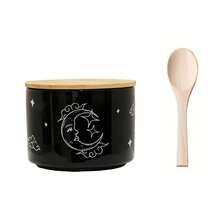 1/2pcs Kitchen Canisters Ceramic Food Storage Jar With Sun & Moon Design, Stackable Containers/Bowls With Airtight Bamboo Lid & Spoon For Serving For Storage Sea Salt, Spice, Sugar - Multicolor - View 10