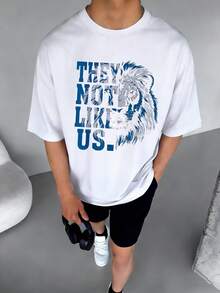 男童休闲狮子图案印花圆领短袖T恤，夏季学生青少年服装 - 白色 - 查看 2