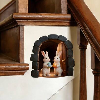 1/4pcs Easter Bunny Wall Stickers Cute Rabbit Mouse Holding Egg Hole In Wall Decal For Living Room Baseboard Decor Realistic Stone Archway Removable Self Adhesive PVC Art Mural