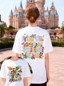 Disney Women's T-Shirt Featuring A Double-Sided Toy Story Cartoon Lettering Print, Crafted From Soft, Comfortable, And Durable 100% Cotton Fabric. This Spring/Summer Women's Crew Neck T-Shirt Is Perfect For Everyday Wear, Shopping, Parties, Travel, And Gatherings, Making It An Excellent Gift Choice. - Blanc - Voir 1