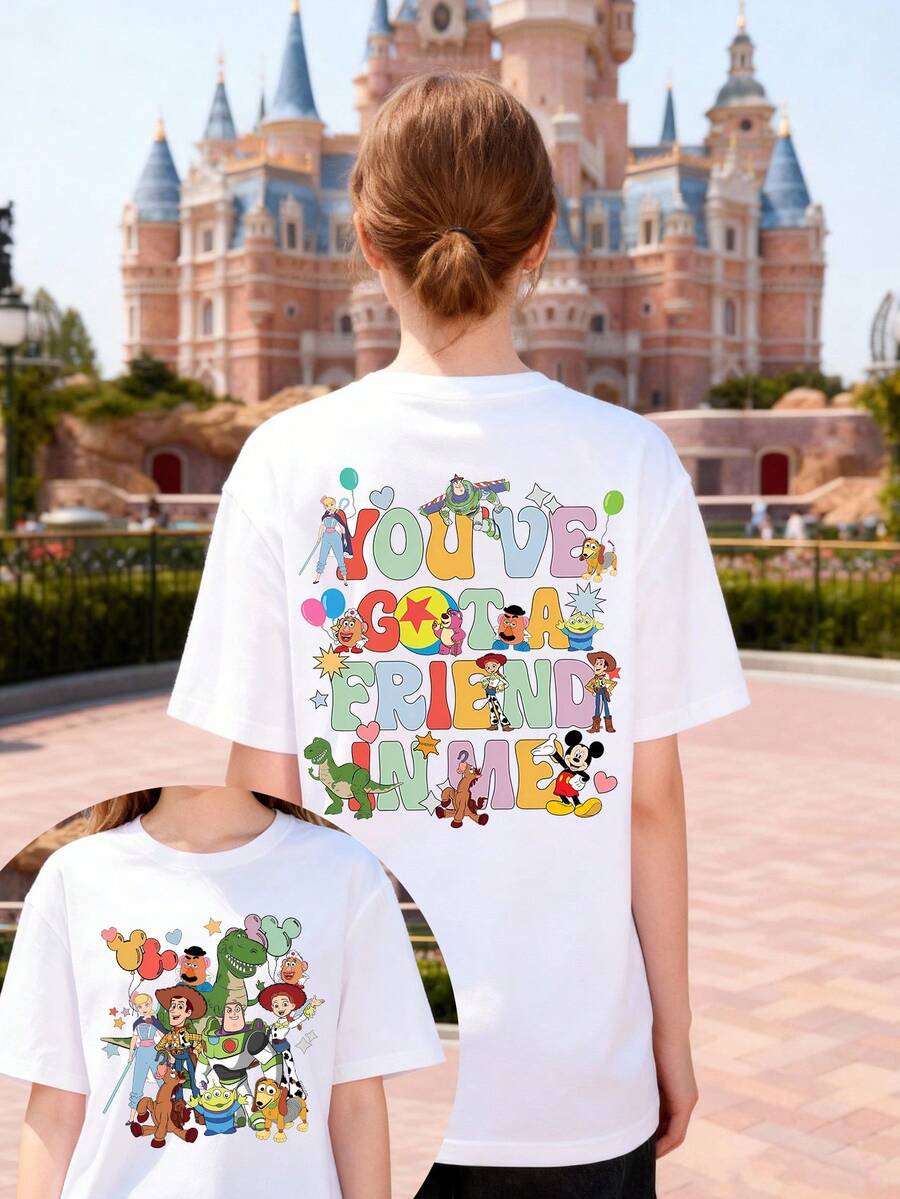 Disney Women's T-Shirt Featuring A Double-Sided Toy Story Cartoon Lettering Print, Crafted From Soft, Comfortable, And Durable 100% Cotton Fabric. This Spring/Summer Women's Crew Neck T-Shirt Is Perfect For Everyday Wear, Shopping, Parties, Travel, And Gatherings, Making It An Excellent Gift Choice. - Blanc - Voir 1