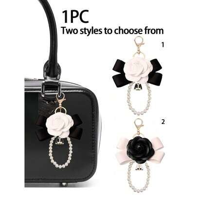 Elegant Lady's Camellia Bow Bag Pendant, Pu Leather Material Camellia Three-Dimensional Bow Key Chain/Ring, Faux Pearl Necklace, Advanced Accessories, Gold Love Spring Chain, Car Pendant, Bag Decoration Accessories