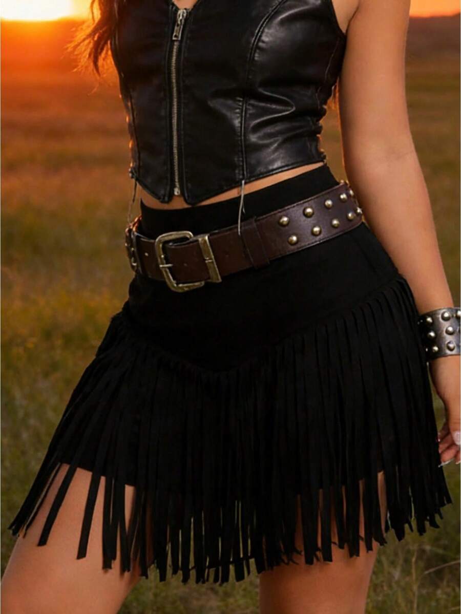 Awevudst Elegant Western Cowgirl Beaded Fringe Trim Mini Skirt,High Waisted Mini Suede Skirts,Country Concert Rave Festival Booty Tassel Layering Bottoms Going Out Tops - 黑色無鉚釘 - 查看 1
