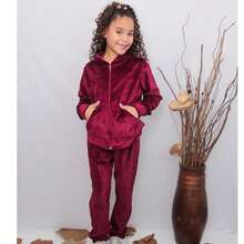 Children's/Teenager's Winter Set: Hooded Sweatshirt With Zipper + Pants, Plush Velvet Fabric, Sizes 4 To 14 - 酒紅色 - 查看 3