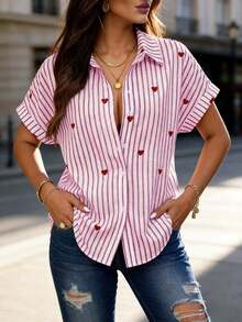 Women's Casual Knit Fabric Short Sleeve Shirt Collar Print Button-Up Top - Red - View 7