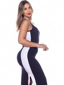 Plus Size Curvy Style Strappy Dress With Thin Straps, Side Slit, Ribbed Fabric, Extra Large, Long, Elastane, For Formal Parties And Maternity Wear. - Navy Blue - View 7