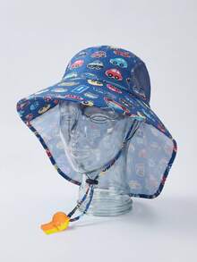1pc Kids Car All-Over Print Wide Brim Sun Hat With Neck Flap, Breathable Mesh & Windproof Strap With Whistle - 1PC - View 11