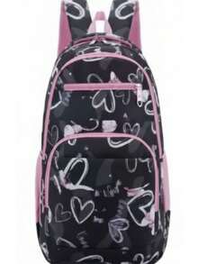 Girls' School Backpack, Reinforced Polyester Youth Bag - YT-9632 Black With Heart - View 2