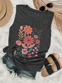 Floral Plant Print Tank Top - Dark Grey - View 1