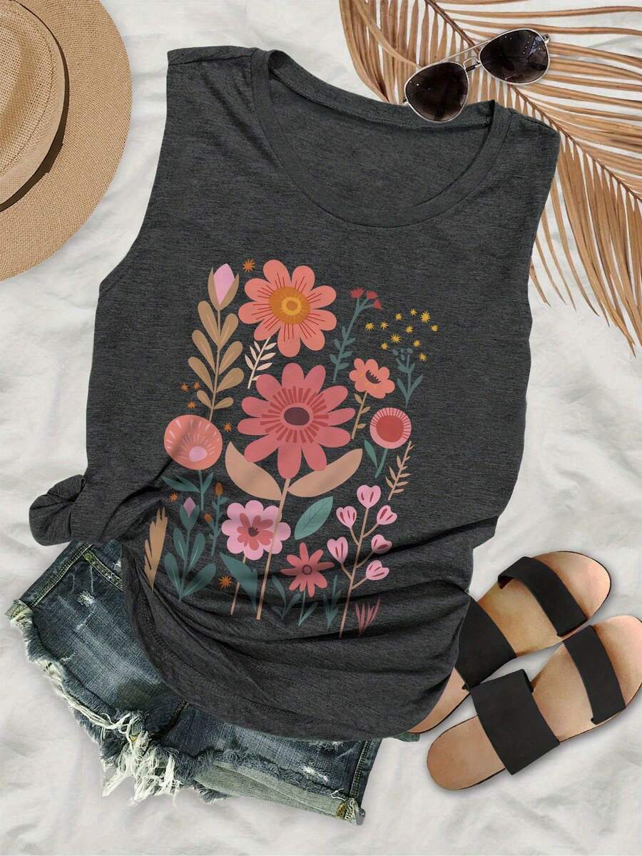 Floral Plant Print Tank Top - Dark Grey - View 1