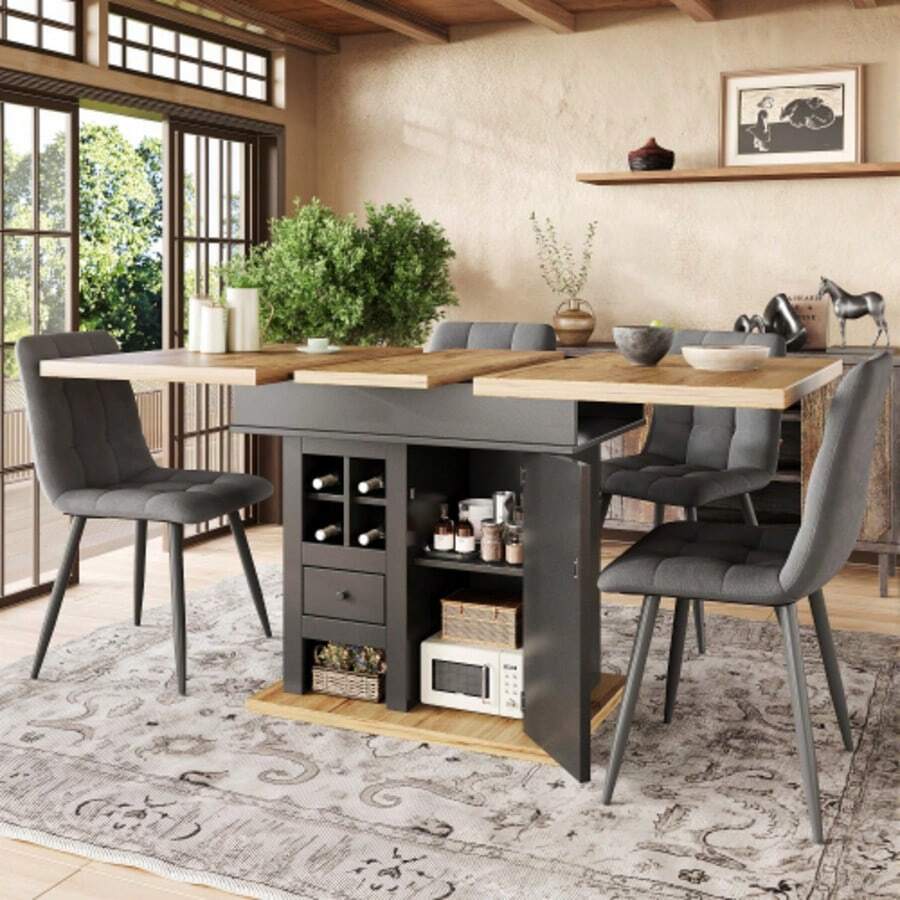 Large Telescopic Table (110–140 X 80 Cm), Folding Kitchen Table For 4–6 People, Extendable Dining Table, Space-Saving Kitchen Table, For Kitchen And Living Room, Dining Table With Wine Rack And Drawers - Black,Natural - 查看 1