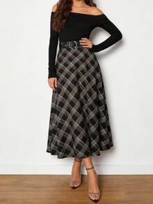 Minimalistisk kjol med rutigt tryck för kvinnor, vardagskläder - Blå - Visa 3