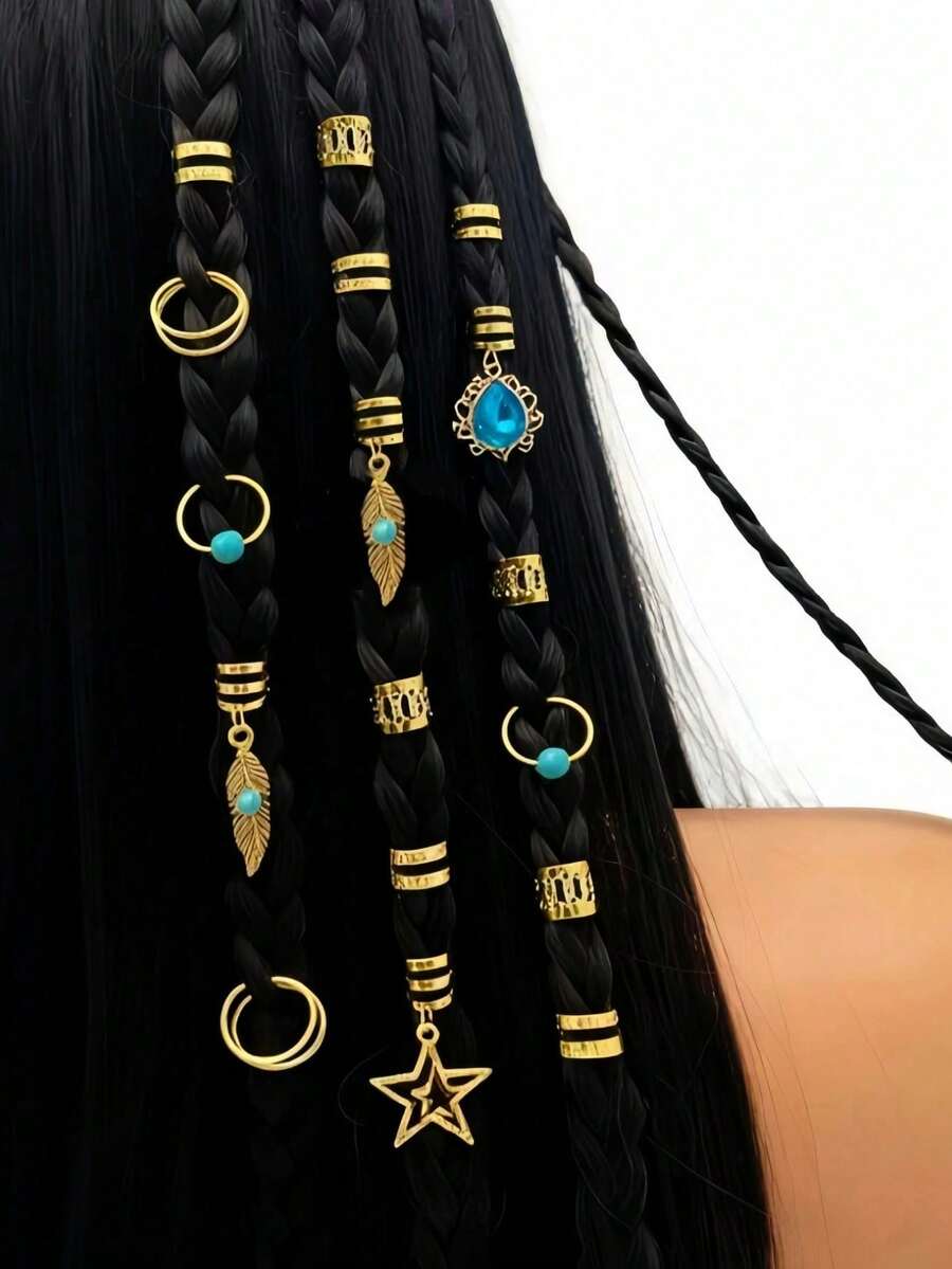 46件套绿松石吊坠脏辫发饰，包括发圈、发夹、发卡、发卡，嬉皮风格发饰，适合女性编发，还包括爪夹、发夹、发卡和其他配件，头部饰品 - 金色 - 查看 1