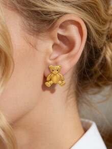 Mazuer 1对可爱条纹小熊耳钉，18K镀金不锈钢材质，女士饰品，日常佩戴，约会，生日礼物 - 金黃色 - 查看 7