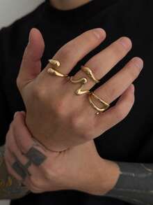 4pcs/Set Casual Minimalist Geometric Liquid Teardrop Metal Ring Set, Fashionable Punk Charm Jewelry For Men - Teardrop Ring - View 7