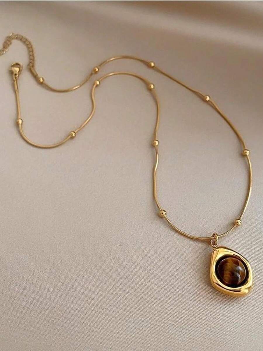 Vintage Elegant Tiger Eye Stone Layered Necklace For Women, Luxury Long Sweater Chain Accessory - Multicolor - View 1