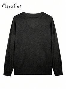 Plus Size Women Solid Color V-Neck Drop Shoulder Long Sleeve Casual Loose Sweater, Autumn/Winter Black - Black - View 5