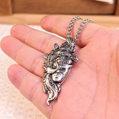 1pc Stainless Steel Pendant Necklace, Vintage Mysterious Fashion Embossed Mask Design, Fade-Resistant